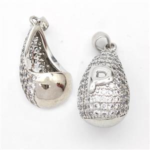 Copper Teardrop Pendant Pave Zirconia Letter-P Hollow Platinum Plated, approx 14-24mm