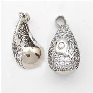 Copper Teardrop Pendant Pave Zirconia Letter-Q Hollow Platinum Plated, approx 14-24mm