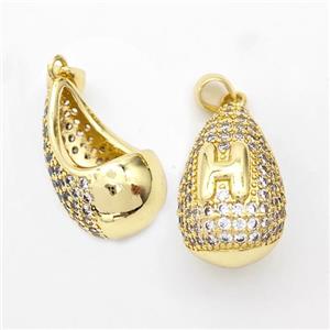 Copper Teardrop Pendant Pave Zirconia Letter-H Hollow Gold Plated, approx 14-24mm