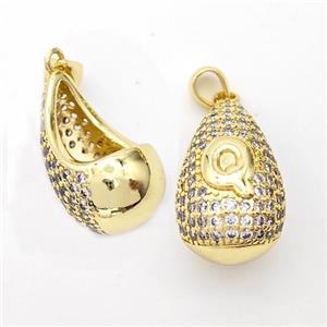 Copper Teardrop Pendant Pave Zirconia Letter-Q Hollow Gold Plated, approx 14-24mm