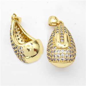 Copper Teardrop Pendant Pave Zirconia Letter-U Hollow Gold Plated, approx 14-24mm