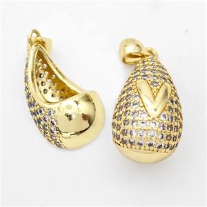 Copper Teardrop Pendant Pave Zirconia Letter-V Hollow Gold Plated, approx 14-24mm