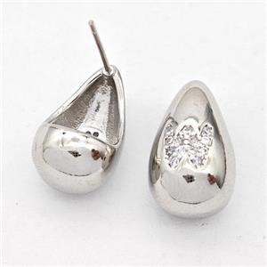 Copper Teardrop Stud Earring Pave Zirconia Letter-W Platinum Plated, approx 11-18mm