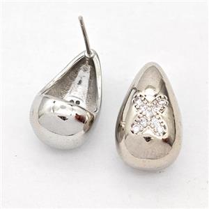 Copper Teardrop Stud Earring Pave Zirconia Letter-X Platinum Plated, approx 11-18mm