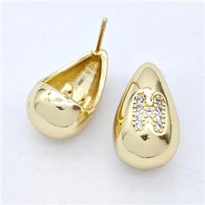 Copper Teardrop Stud Earring Pave Zirconia Letter-H Gold Plated, approx 11-18mm