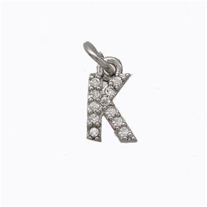 Copper Pendant Pave Zirconia Letter-K Platinum Plated, approx 6-9mm