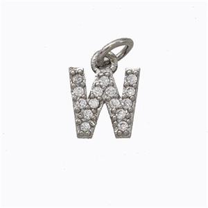 Copper Pendant Pave Zirconia Letter-W Platinum Plated, approx 6-9mm