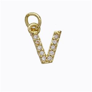 Copper Pendant Pave Zirconia Letter-V Gold Plated, approx 6-9mm