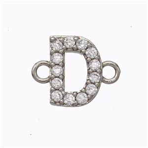 Copper Connector Pave Zirconia Letter-D Platinum Plated, approx 8-9mm