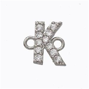 Copper Connector Pave Zirconia Letter-K Platinum Plated, approx 8-9mm