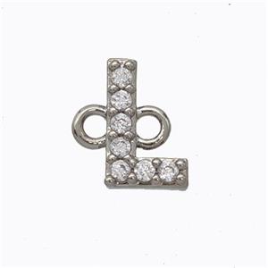 Copper Connector Pave Zirconia Letter-L Platinum Plated, approx 8-9mm