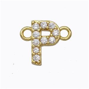 Copper Connector Pave Zirconia Letter-P Gold Plated, approx 8-9mm