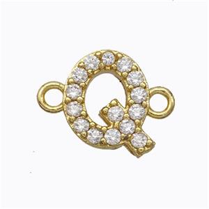 Copper Connector Pave Zirconia Letter-Q Gold Plated, approx 8-9mm