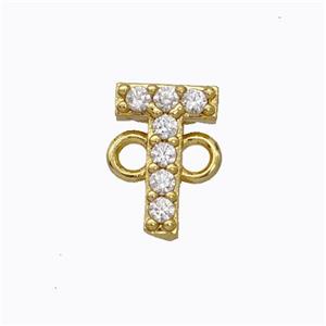 Copper Connector Pave Zirconia Letter-T Gold Plated, approx 8-9mm