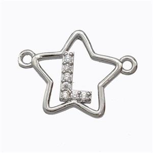 Copper Star Pendant Pave Zirconia Letter-L Platinum Plated, approx 16mm