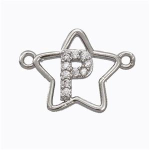 Copper Star Pendant Pave Zirconia Letter-P Platinum Plated, approx 16mm