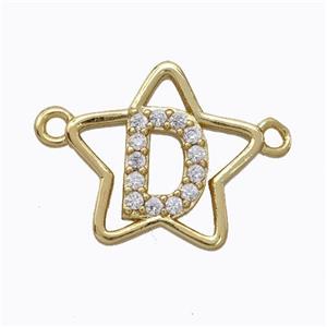 Copper Star Pendant Pave Zirconia Letter-D Gold Plated, approx 16mm