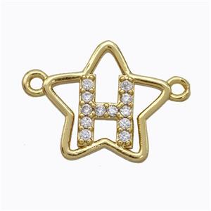 Copper Star Pendant Pave Zirconia Letter-H Gold Plated, approx 16mm