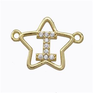 Copper Star Pendant Pave Zirconia Letter-I Gold Plated, approx 16mm