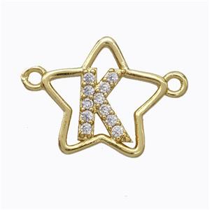 Copper Star Pendant Pave Zirconia Letter-K Gold Plated, approx 16mm