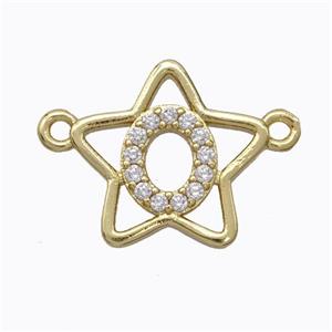 Copper Star Pendant Pave Zirconia Letter-O Gold Plated, approx 16mm