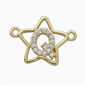 Copper Star Pendant Pave Zirconia Letter-Q Gold Plated, approx 16mm