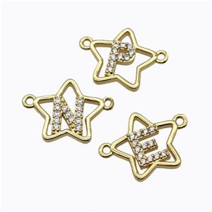 Copper Star Alphabet Pendant Pave Zirconia Mix Letters Gold Plated, approx 16mm