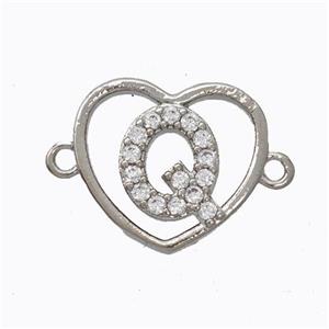 Copper Heart Connector Pave Zirconia Letter-Q Platinum Plated, approx 15.5mm