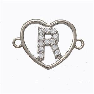 Copper Heart Connector Pave Zirconia Letter-R Platinum Plated, approx 15.5mm