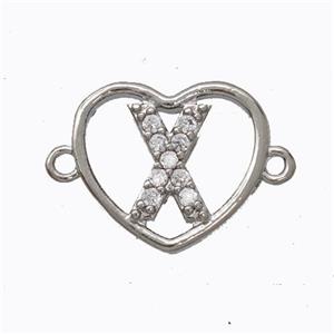 Copper Heart Connector Pave Zirconia Letter-X Platinum Plated, approx 15.5mm