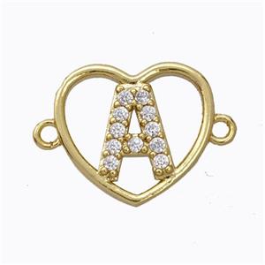 Copper Heart Connector Pave Zirconia Letter-A Gold Plated, approx 15.5mm