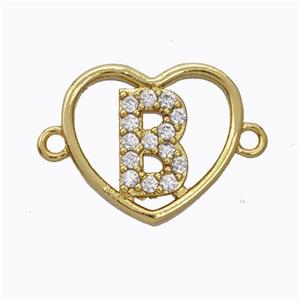 Copper Heart Connector Pave Zirconia Letter-B Gold Plated, approx 15.5mm