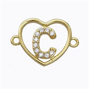 Copper Heart Connector Pave Zirconia Letter-C Gold Plated, approx 15.5mm