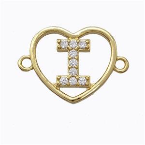 Copper Heart Connector Pave Zirconia Letter-I Gold Plated, approx 15.5mm