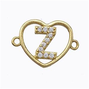 Copper Heart Connector Pave Zirconia Letter-Z Gold Plated, approx 15.5mm