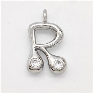 Copper Letter-R Pendant Pave Zirconia Platinum Plated, approx 15-18mm