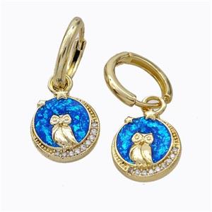 Copper Owl Hoop Earrings Pave Zirconia Blue Fire Opal 18K Gold Plated, approx 11mm, 12mm dia