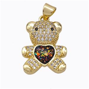 Copper Bear Pendant Micropave Zirconia Multicolor Fire Opal Heart 18K Gold Plated, approx 15-18mm