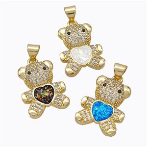 Copper Bear Pendant Micropave Zirconia Fire Opal Heart 18K Gold Plated Mixed, approx 15-18mm