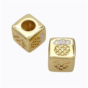 Copper Cube Beads Pave Zirconia Fire Opal Pineapple Large Hole 18K Gold Plated, approx 10x10mm, 5mm hole