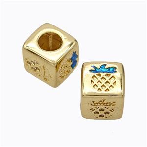 Copper Cube Beads Pave Zirconia Fire Opal Pineapple Large Hole 18K Gold Plated, approx 10x10mm, 5mm hole