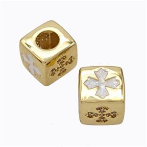 Copper Cube Beads Pave Zirconia Fire Opal Cross Large Hole 18K Gold Plated, approx 10x10mm, 5mm hole