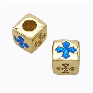 Copper Cube Beads Pave Zirconia Fire Opal Cross Large Hole 18K Gold Plated, approx 10x10mm, 5mm hole