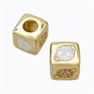 Copper Cube Beads Pave Zirconia Fire Opal Planet Large Hole 18K Gold Plated, approx 10x10mm, 5mm hole