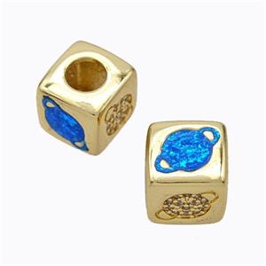 Copper Cube Beads Pave Zirconia Fire Opal Planet Large Hole 18K Gold Plated, approx 10x10mm, 5mm hole