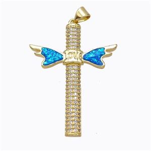 Copper Cross Pendant Micropave Zirconia Fire Opal LOVE Angelwings 18K Gold Plated, approx 28-37mm