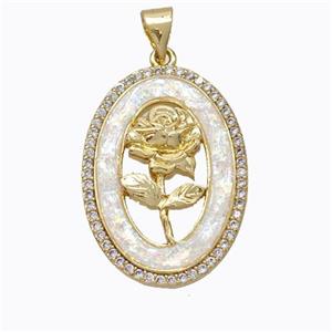 Copper Flower Pendant Micropave Zirconia White Fire Opal Oval 18K Gold Plated, approx 18-25mm