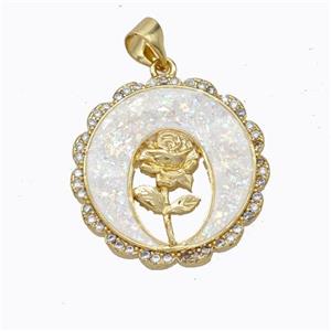 Copper Flower Pendant Micropave Zirconia White Fire Opal Circle 18K Gold Plated, approx 21mm