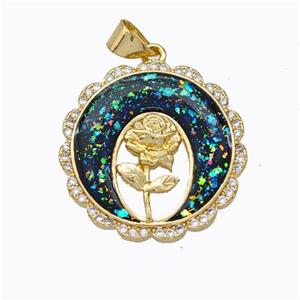 Copper Flower Pendant Micropave Zirconia Multicolor Fire Opal Circle 18K Gold Plated, approx 21mm