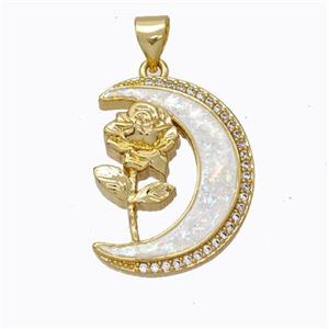 Copper Flower Pendant Micropave Zirconia White Fire Opal Moon 18K Gold Plated, approx 17-22mm